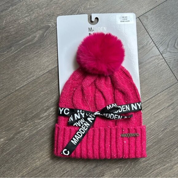 Steve Madden Women's Cable Knit Pom Pom Beanie Faux Fur Toque Hat Pink - Picture 6 of 6